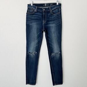 [7 For All Mankind] Gwenevere Dark Wash Mid Rise Ripped Knee Skinny Jeans Sz 29